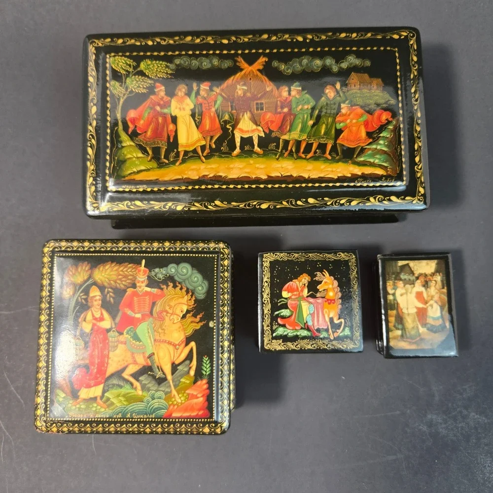 Vintage Russian Lacquer Box Lot of 4 Signed Palekh Zubov & Kholuy Art Collection
